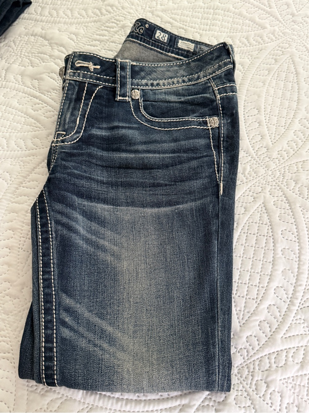 Signature Dark Blue Straight Leg Jeans with White Stitching